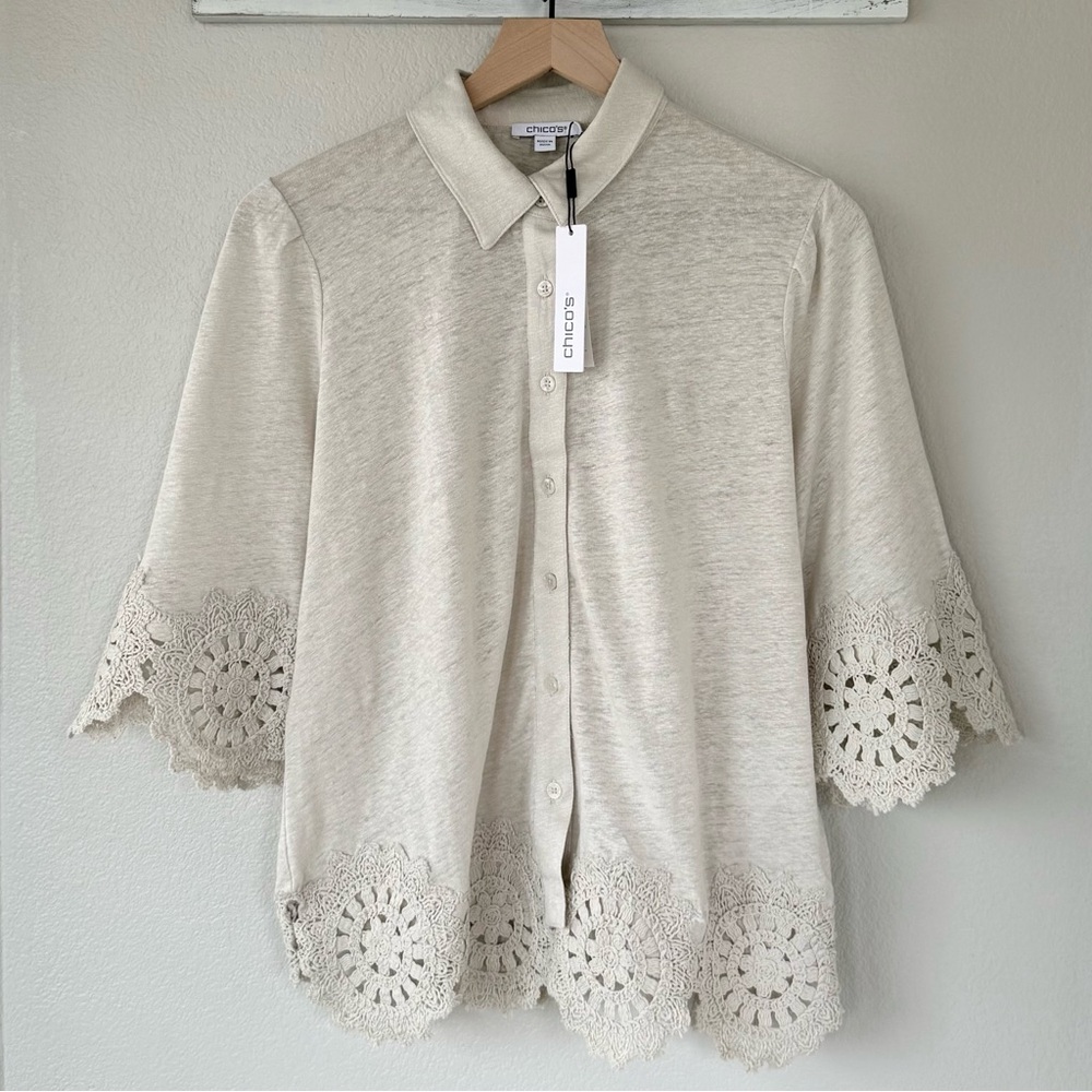 CHICO’S NWT 1 Crochet Trim Linen Shirt in River Rock Neutral Cream Blouse Top 8 - Picture 2 of 12